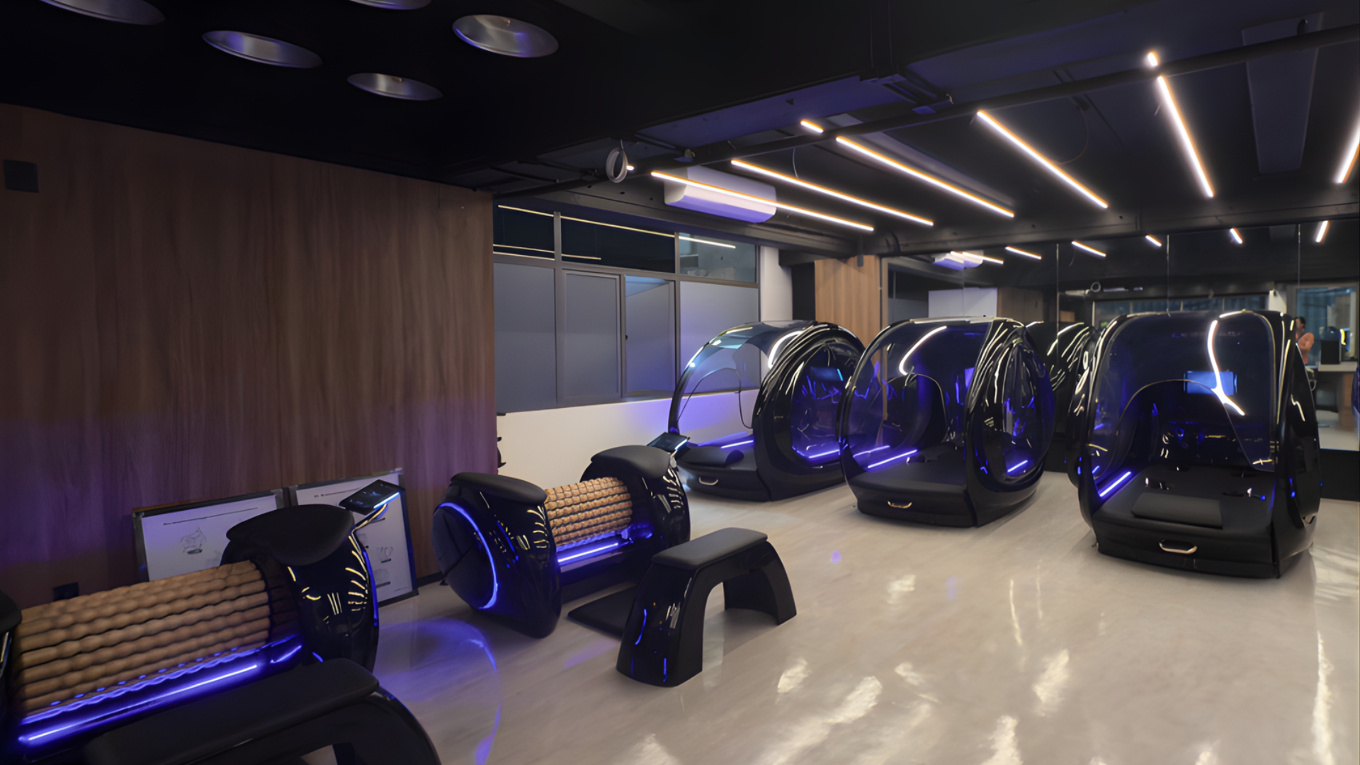 Espacio de cápsulas sensoriales y terapias corporales tecnológicas en Radiance Body Lab, diseñado para relajación profunda y bienestar integral.