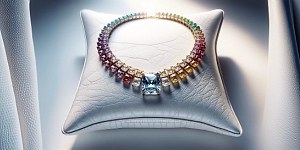 Exquisite multi-color diamond necklace showcasing a vibrant array of pink, blue, yellow, and green diamonds set in elegant white gold.