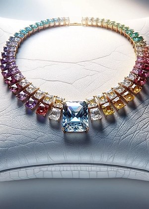 Exquisite multi-color diamond necklace showcasing a vibrant array of pink, blue, yellow, and green diamonds set in elegant white gold.