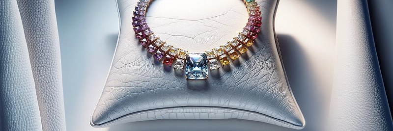 Exquisite multi-color diamond necklace showcasing a vibrant array of pink, blue, yellow, and green diamonds set in elegant white gold.