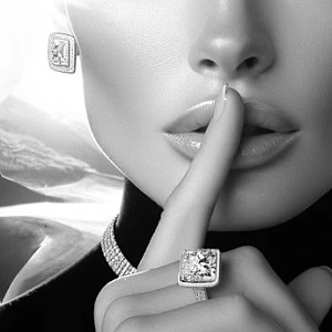 A woman, elegantly draped in exquisite jewelry, places her finger to her lips in the timeless gesture of safeguarding a secret.
