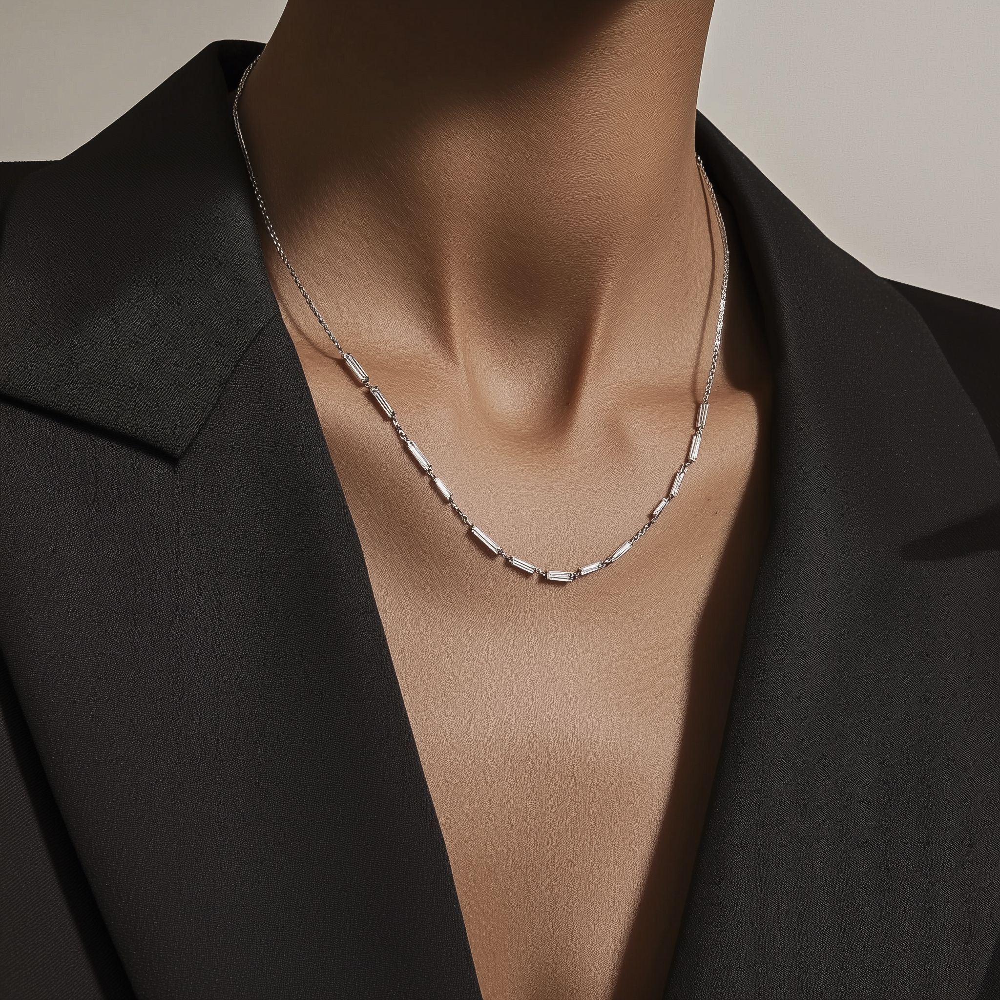 Main view of Baguette by the Yard Necklace in White Gold