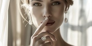 Image of sophisticated diamond jewelry on a model.