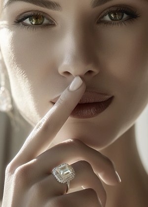 Image of sophisticated diamond jewelry on a model.