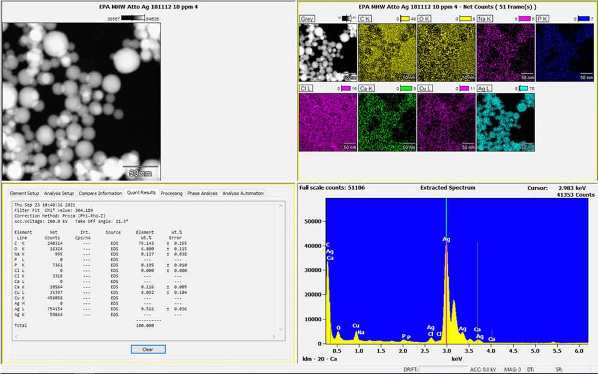 EDS mapping of mineral-exposed EVQ-218 with Ag signals that distinctly overlap with the reference STEM image