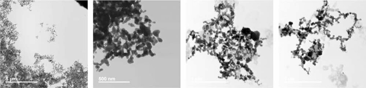 STEM images of precipitate from nanoComposix NIST AgNPs exposed to 20X-AAP (higher magnification). Note the spherical nature is less apparent and agglomeration/cocrystallization, robust, non Nominative surface structure. Side-by-side comparison NIST/STEM AgNPs with 20X-AAP (higher magnification).