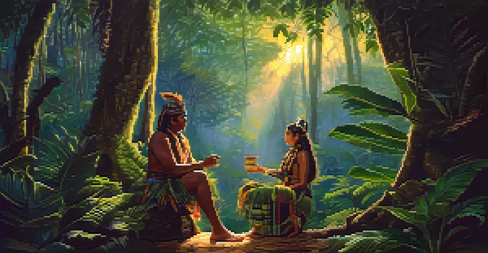 A tranquil Amazon rainforest at twilight with a shaman holding a ceremonial cup surrounded by lush greenery and vines.