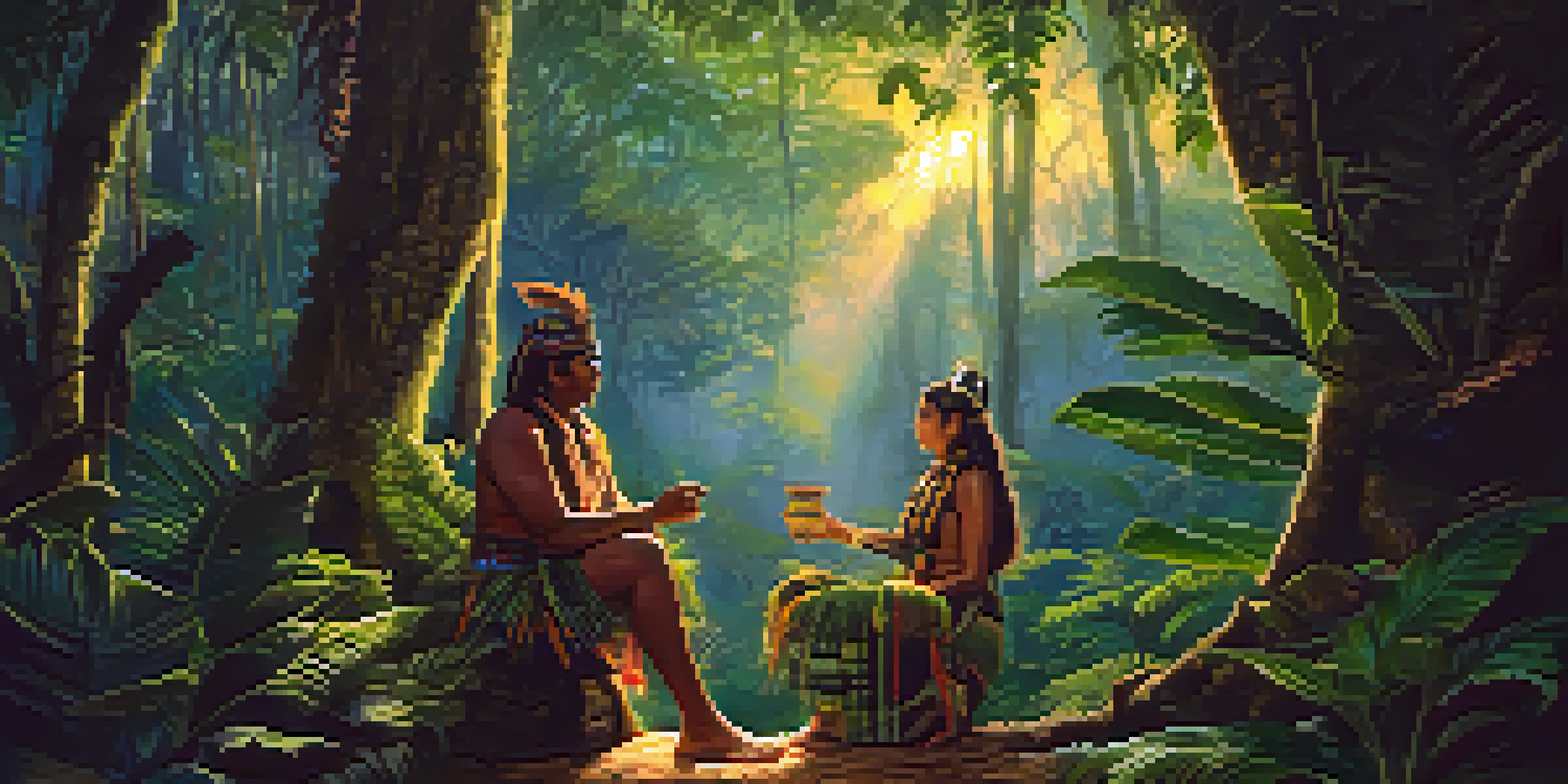 A tranquil Amazon rainforest at twilight with a shaman holding a ceremonial cup surrounded by lush greenery and vines.