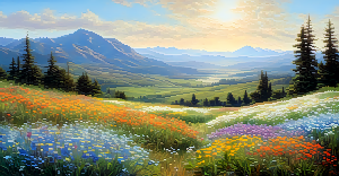 A vibrant field filled with wildflowers under a blue sky, with distant mountains and soft sunlight.