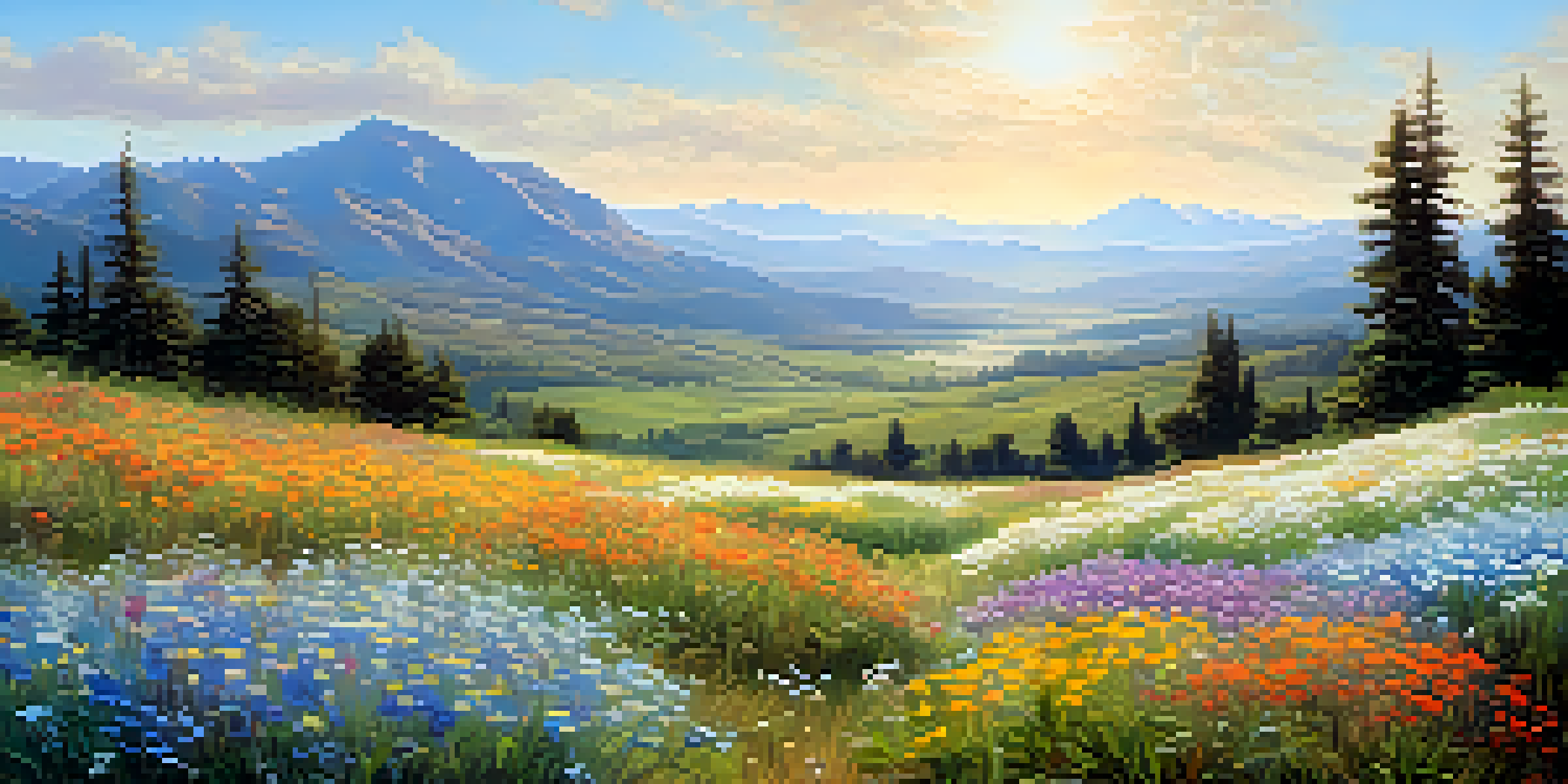 A vibrant field filled with wildflowers under a blue sky, with distant mountains and soft sunlight.