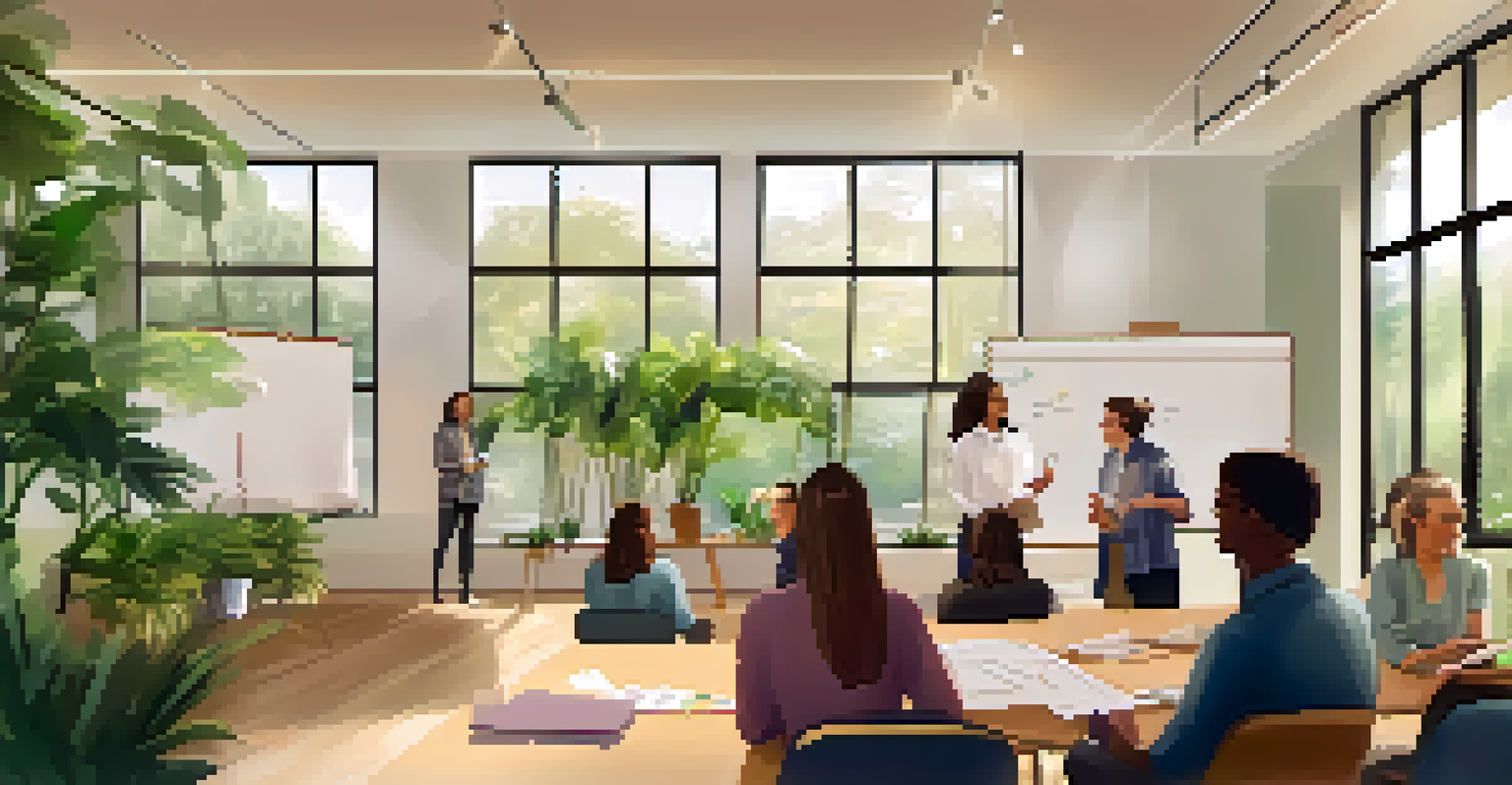 An inviting indoor space for a team-building retreat, with soft lighting, comfortable seating, and a facilitator guiding participants.