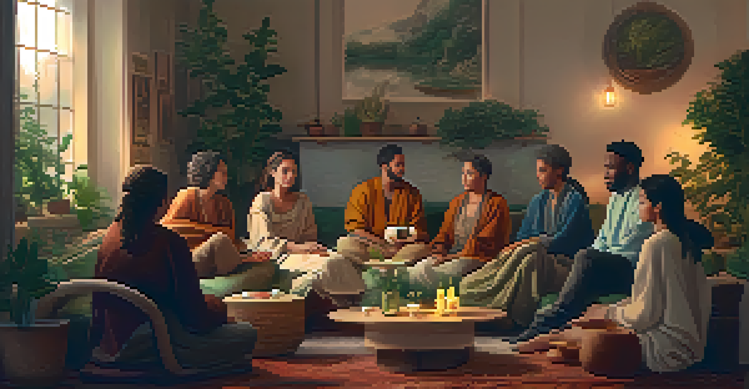 A cozy room with diverse people in a circle, surrounded by plants and herbal remedies.