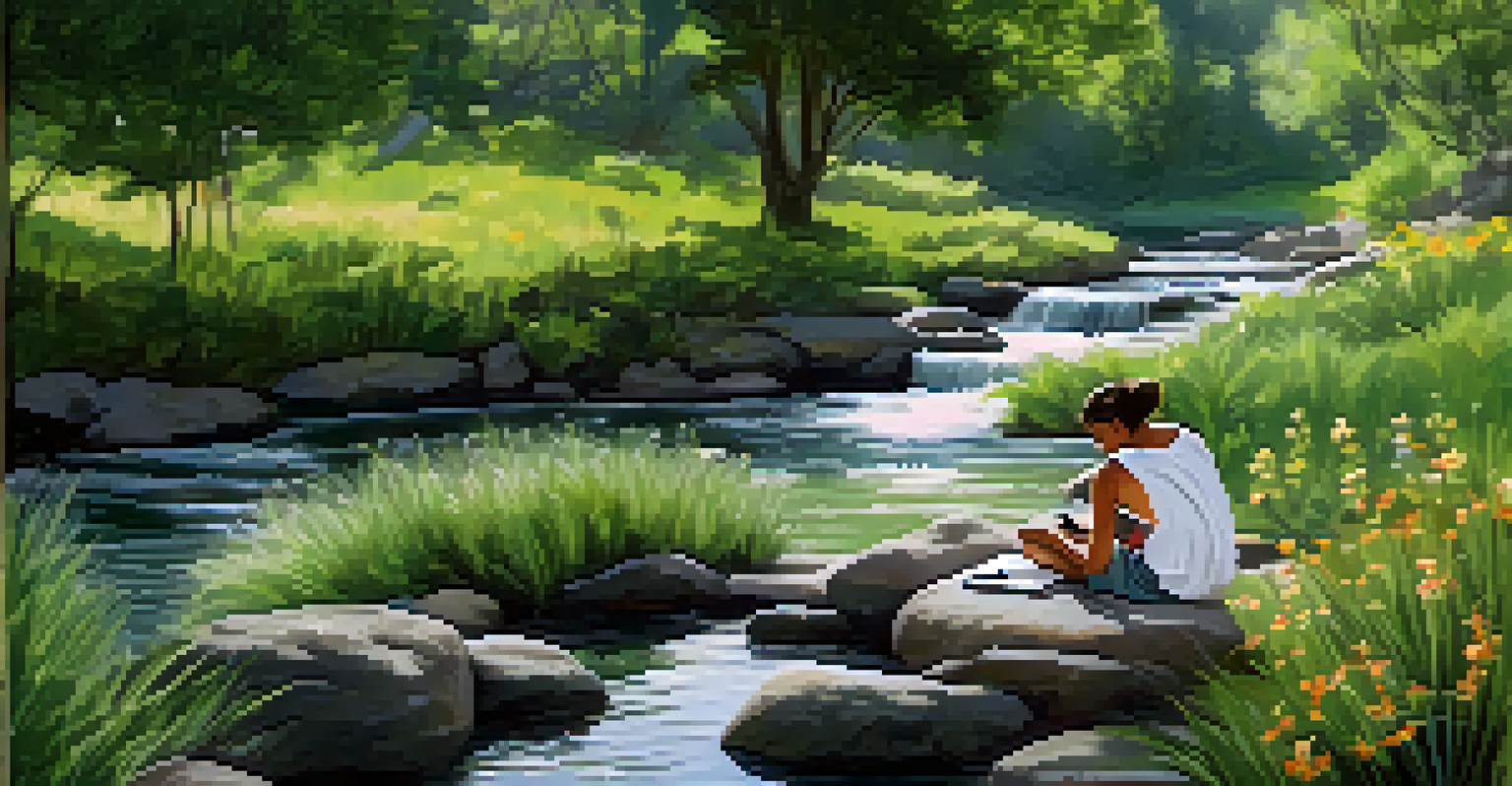 A peaceful landscape with an artist meditating and sketching amidst lush greenery and a flowing stream.