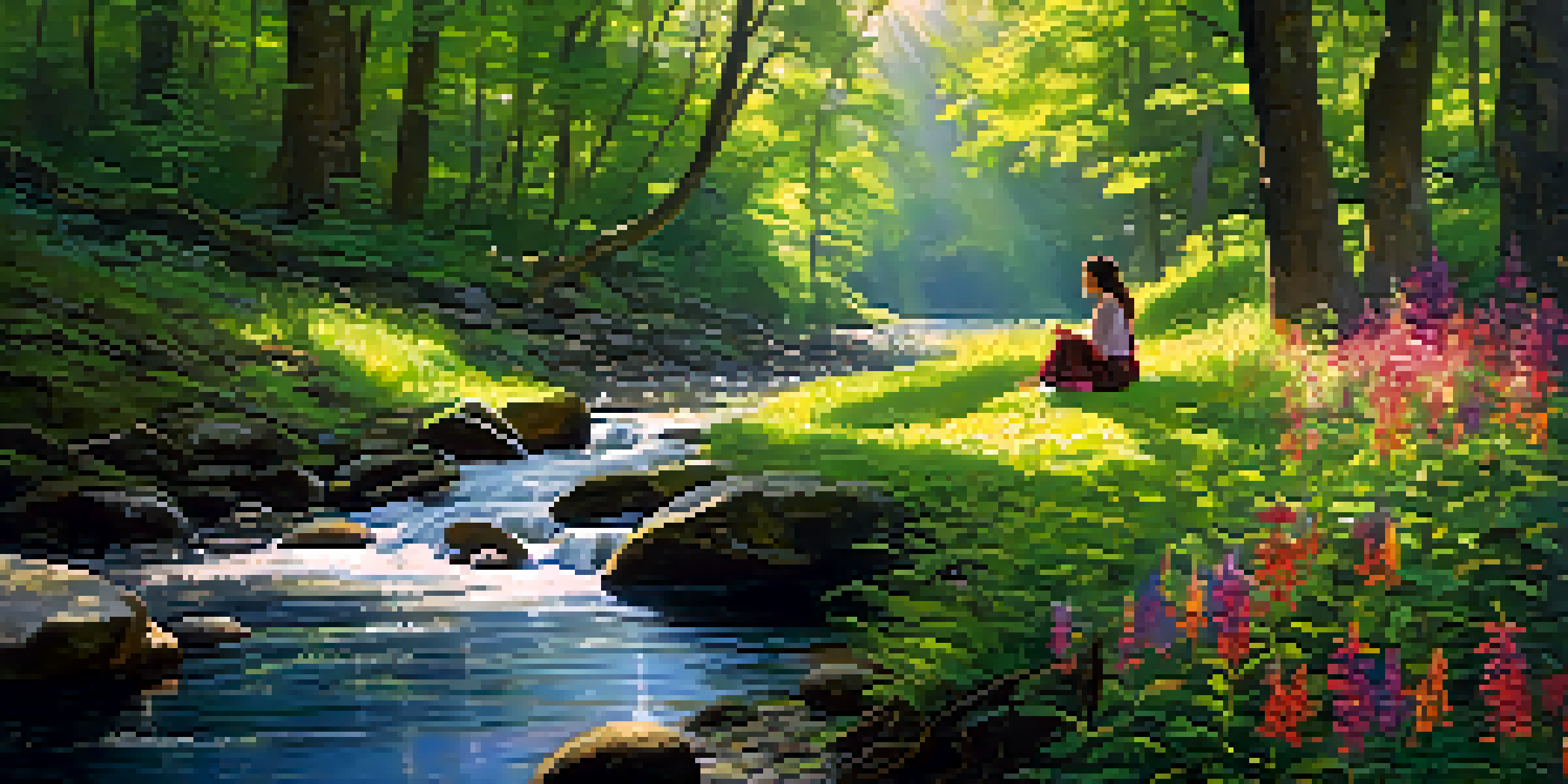 A peaceful forest scene with sunlight filtering through the leaves, a clear stream, and a person meditating by the water surrounded by wildflowers.