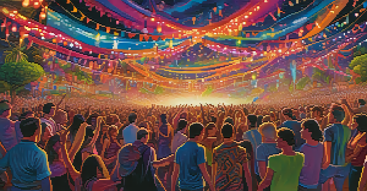 A vibrant psychedelic music festival with a diverse crowd dancing under colorful lights and decorations, set against a starry night sky.