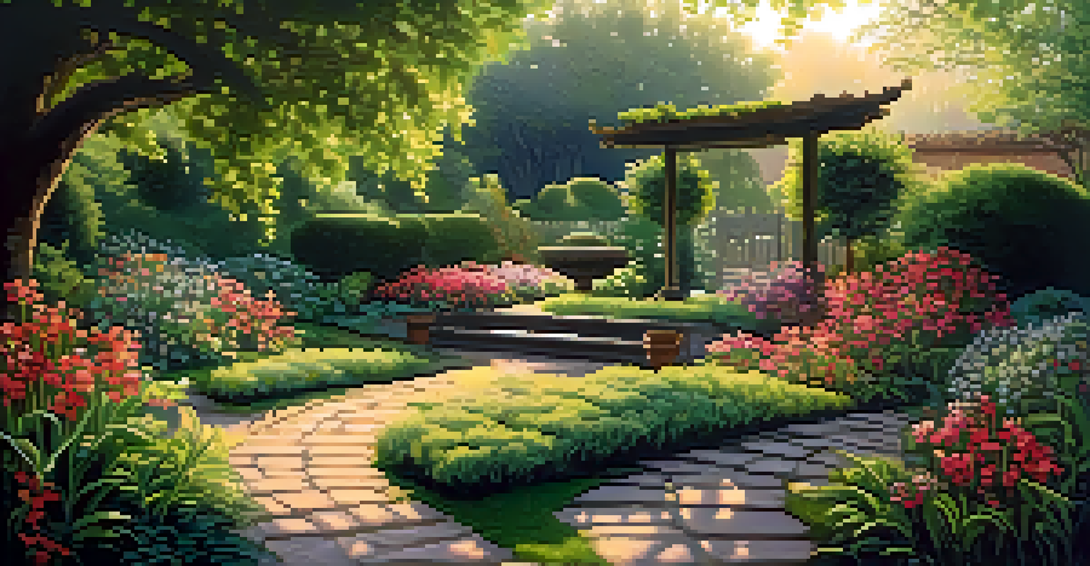 A close-up of a tranquil garden at dawn with dewdrops on flowers, soft sunlight filtering through leaves, and a winding pathway.
