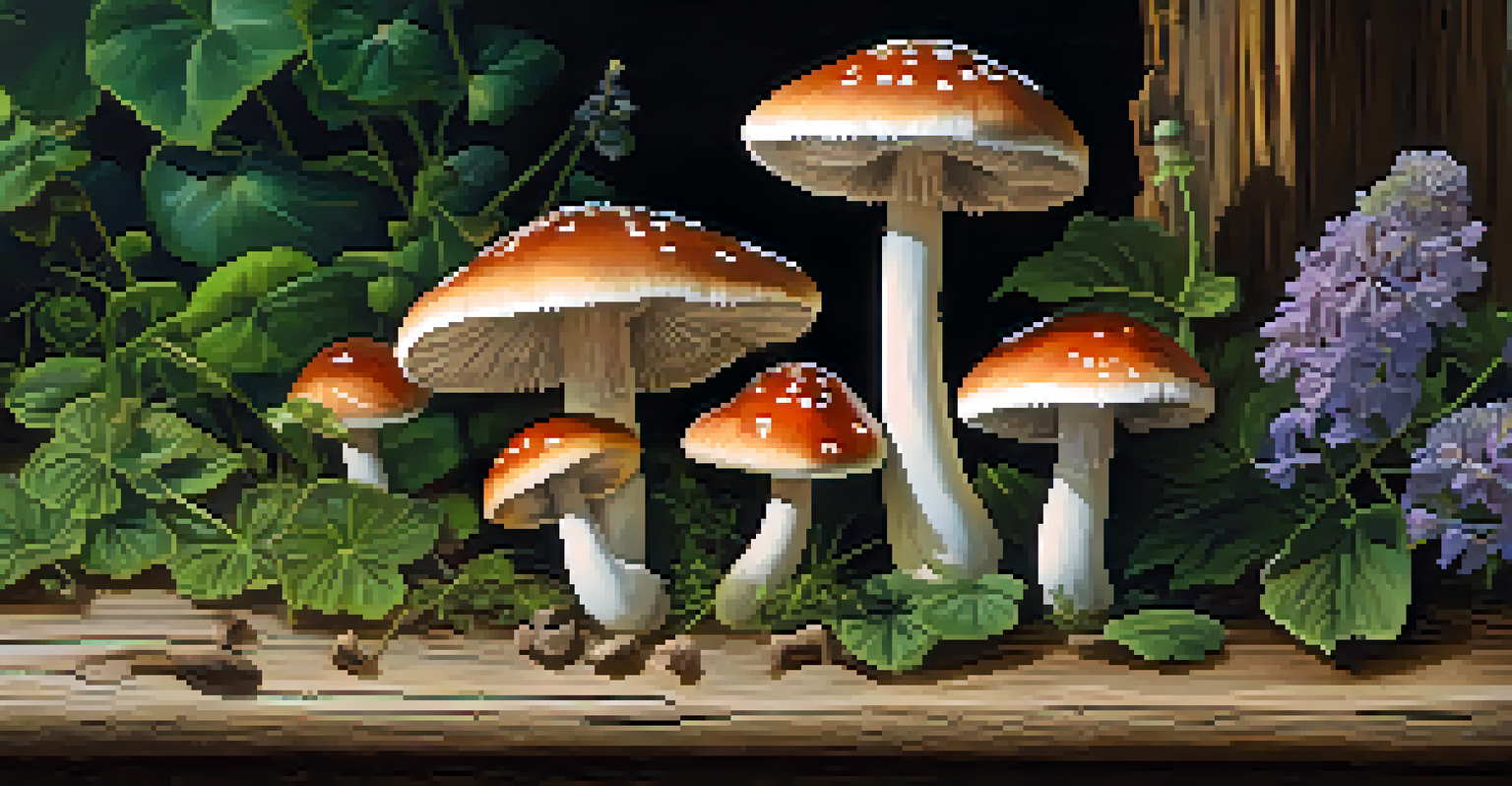 Close-up of psilocybin mushrooms on a wooden table, surrounded by wildflowers and greenery, with soft morning light highlighting their textures.