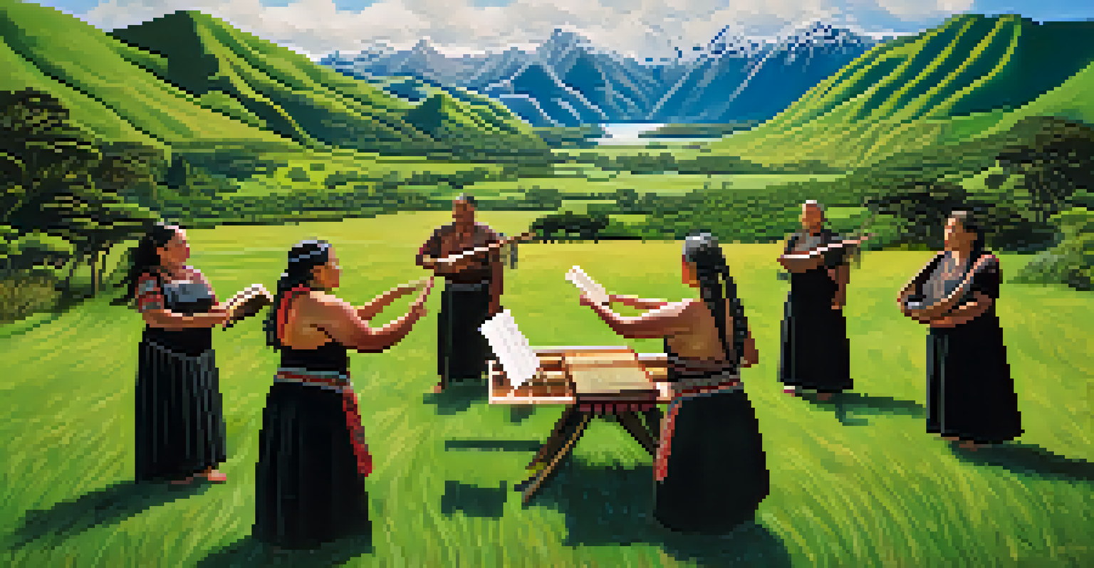 An indigenous Maori gathering with community members singing traditional songs in a lush landscape.
