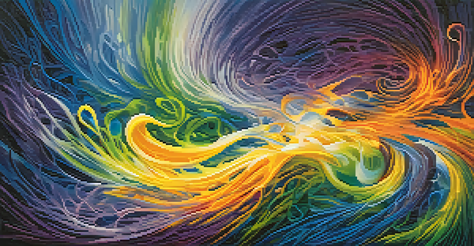An abstract image showcasing vibrant swirling colors and shapes symbolizing creativity, with a background of deep blues and purples.