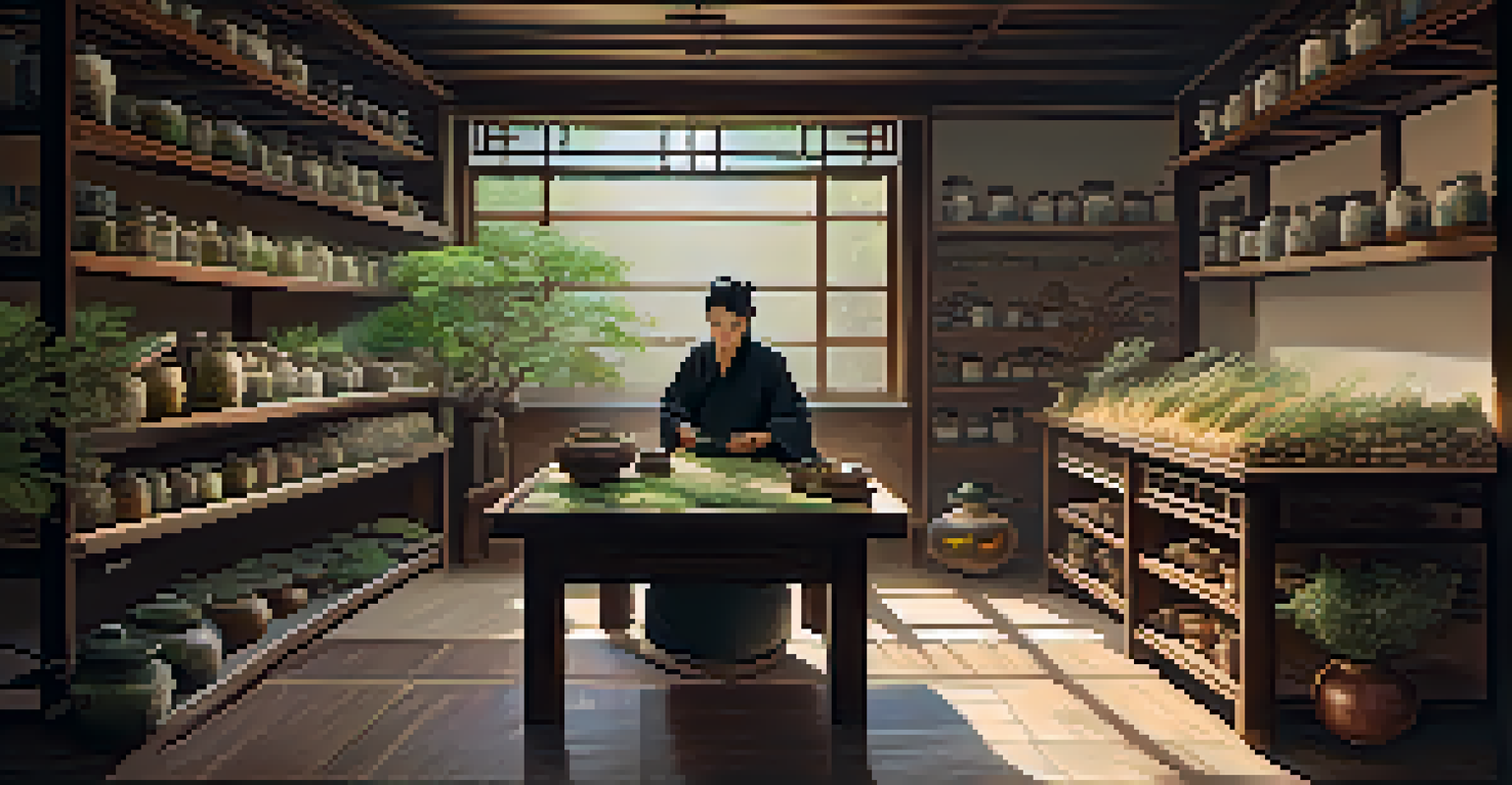 A Traditional Chinese Medicine clinic with herbs and Reishi mushrooms on a wooden table, gentle light through rice paper windows, and a practitioner preparing remedies.