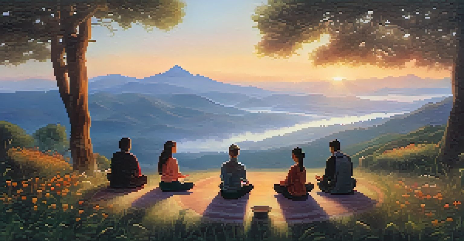 A group of people meditating in a mountain landscape at sunrise, surrounded by wildflowers and mist.
