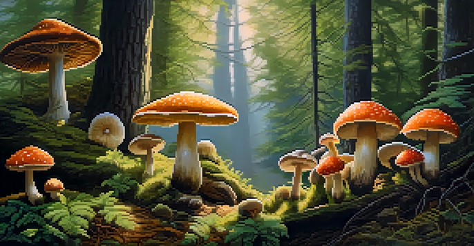 A tranquil forest with different types of mushrooms growing among green leaves and moss, illuminated by gentle sunlight.