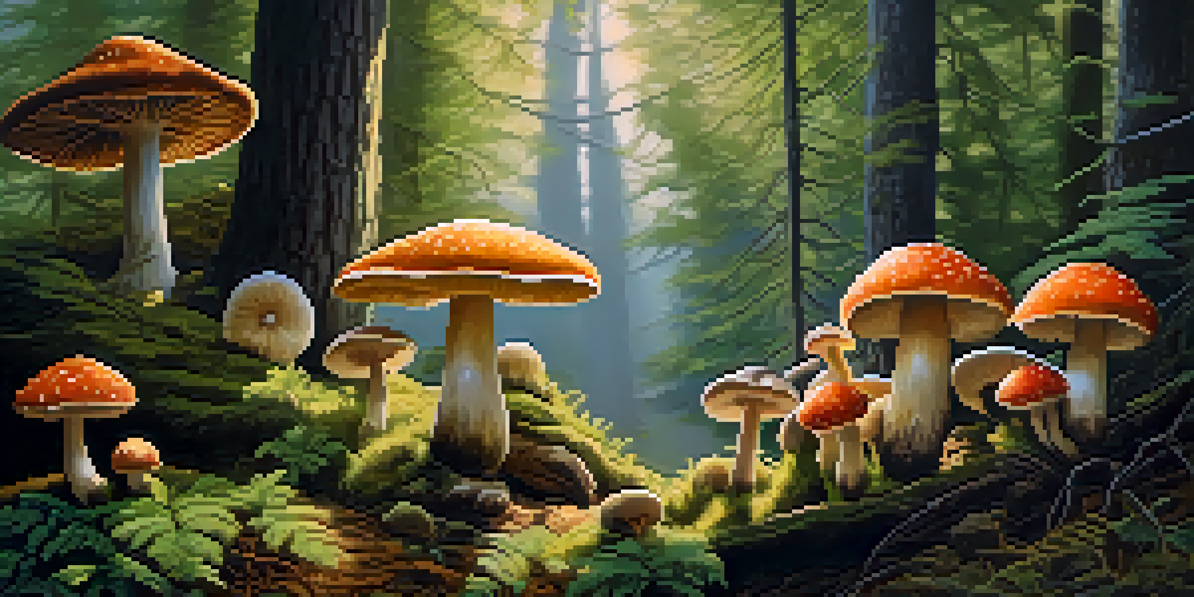 A tranquil forest with different types of mushrooms growing among green leaves and moss, illuminated by gentle sunlight.