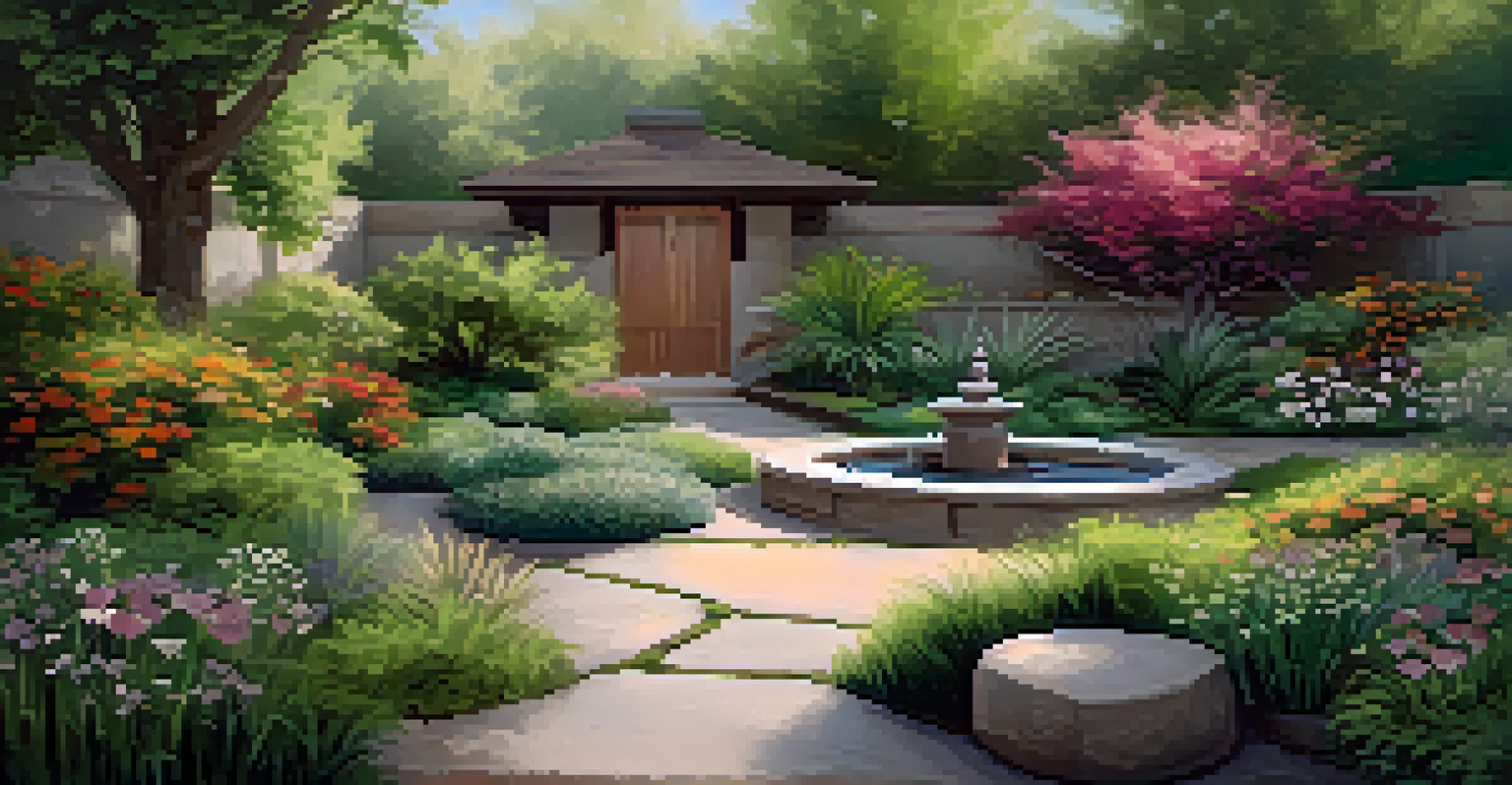 A peaceful wellness retreat garden with plants, seating area, and a stone pathway.