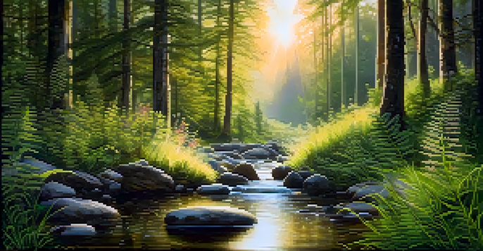 A serene forest scene with golden sunlight filtering through trees, a clear stream, and lush greenery.