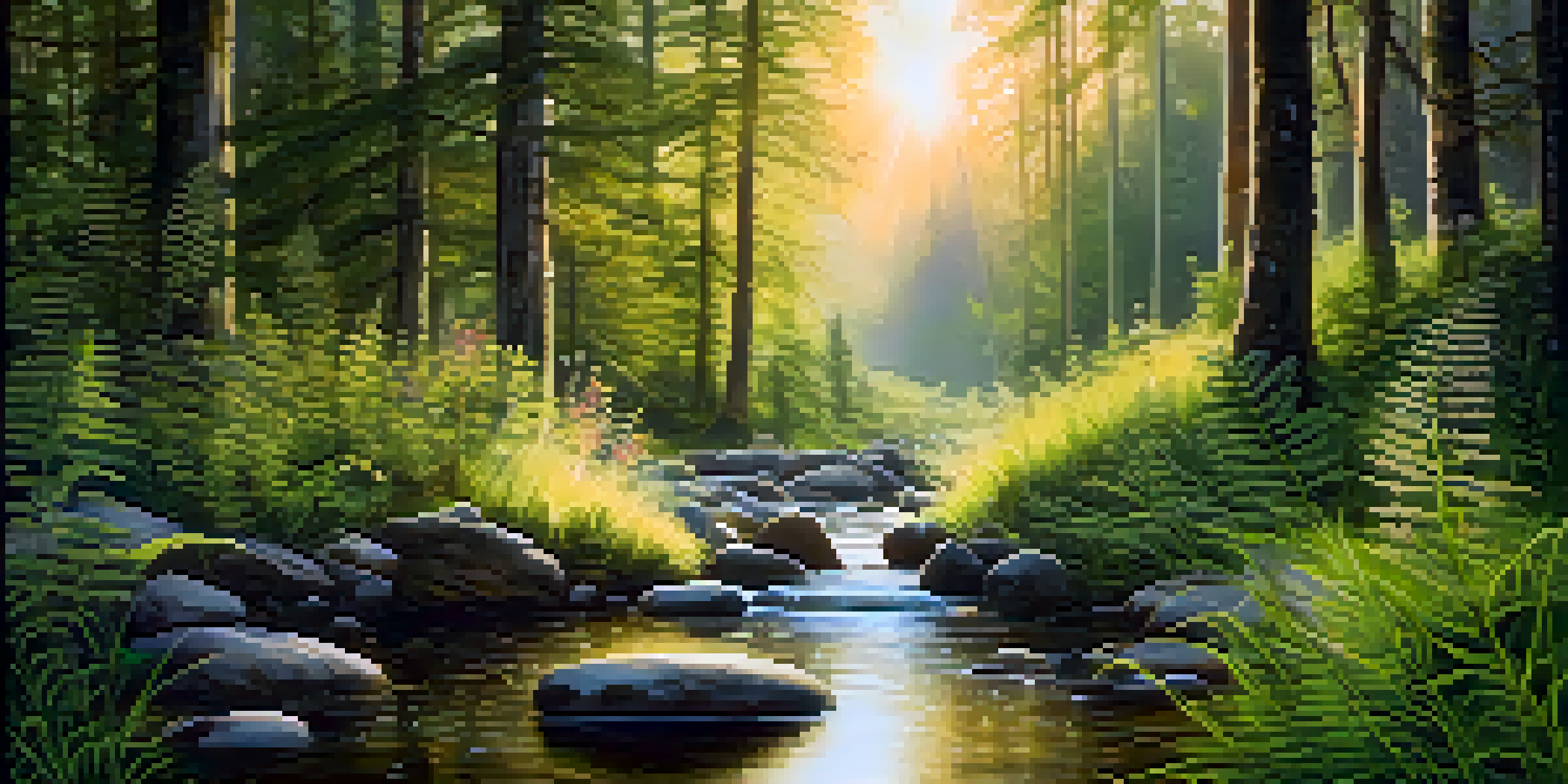 A serene forest scene with golden sunlight filtering through trees, a clear stream, and lush greenery.