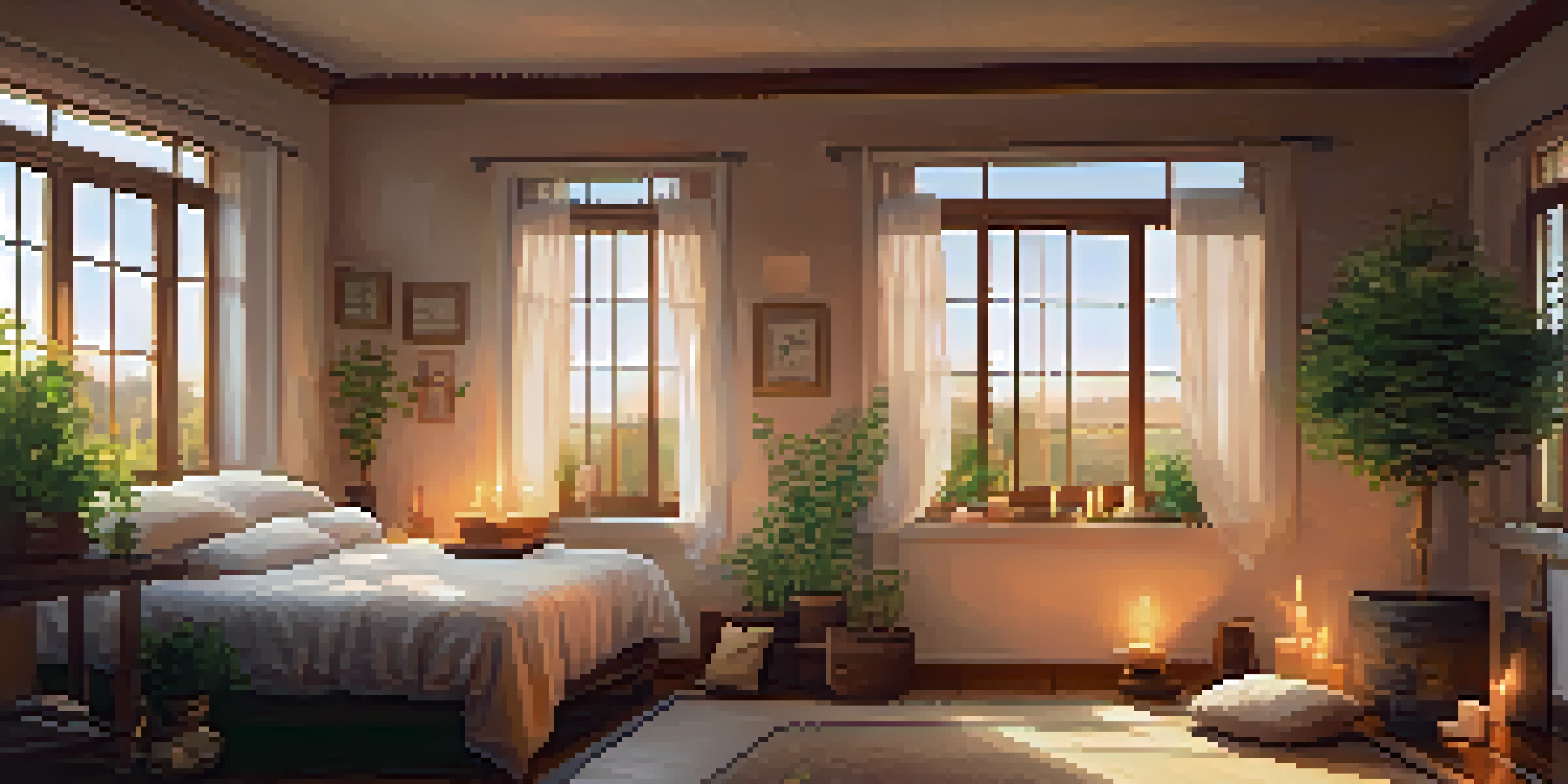 A cozy room with soft lighting, plush cushions, and a table with candles and herbs, creating a calming atmosphere.