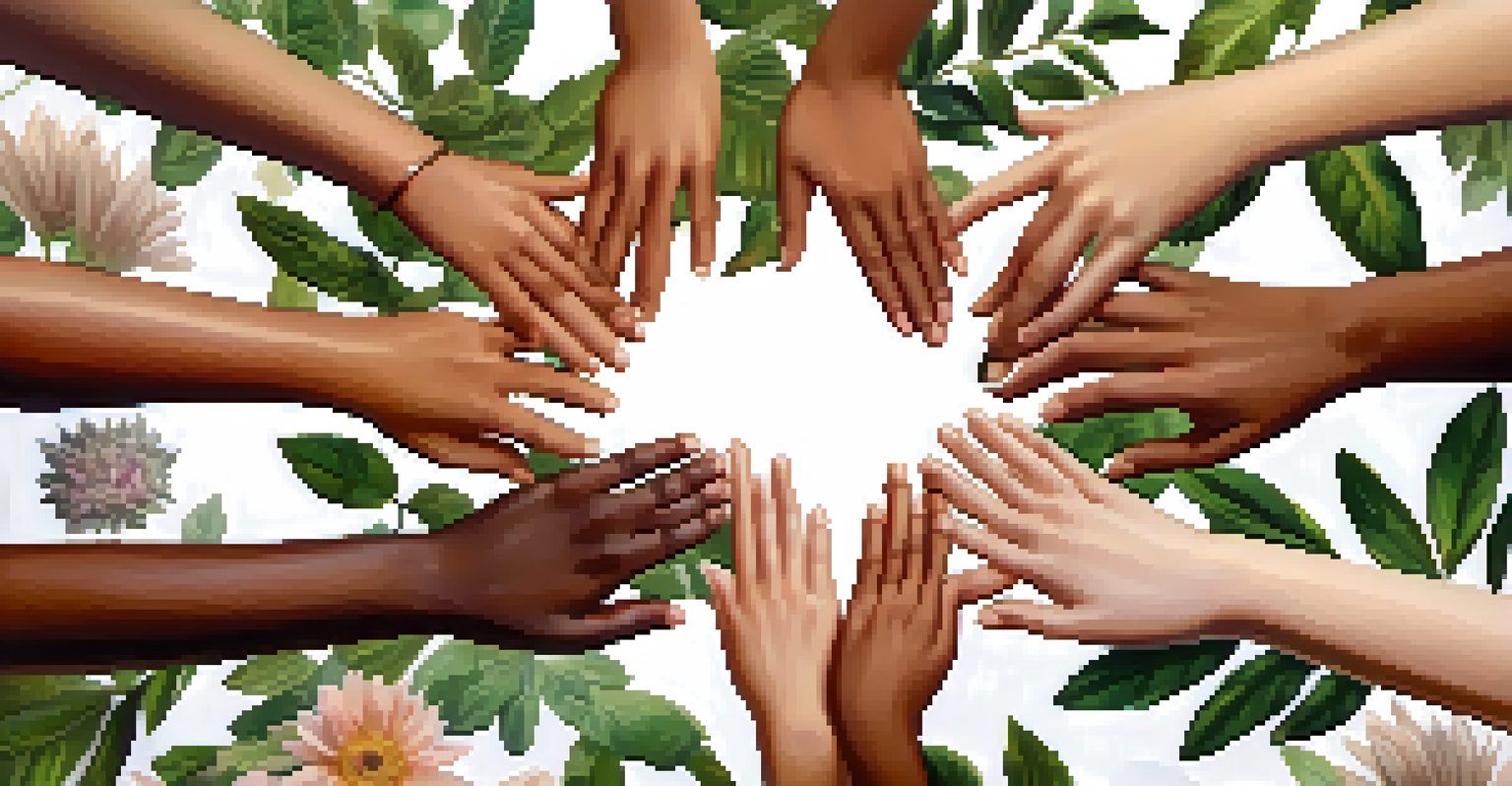 A close-up of diverse hands forming a circle, symbolizing unity, with a blurred natural background.