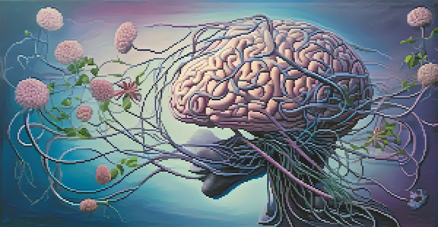An abstract image of a brain made of vines and flowers, set against a gradient background of blues and purples, representing growth and new connections.