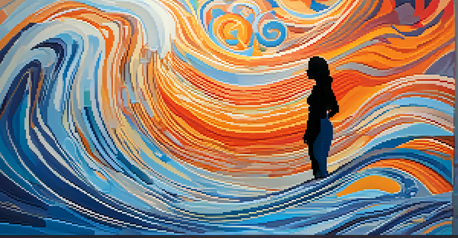 A silhouette of a person surrounded by colorful waves and patterns representing emotions and physical sensations against a gradient background.