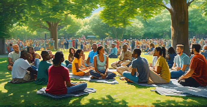A diverse group of people sitting in a circle in a park, actively listening and sharing thoughts, surrounded by greenery and sunlight.