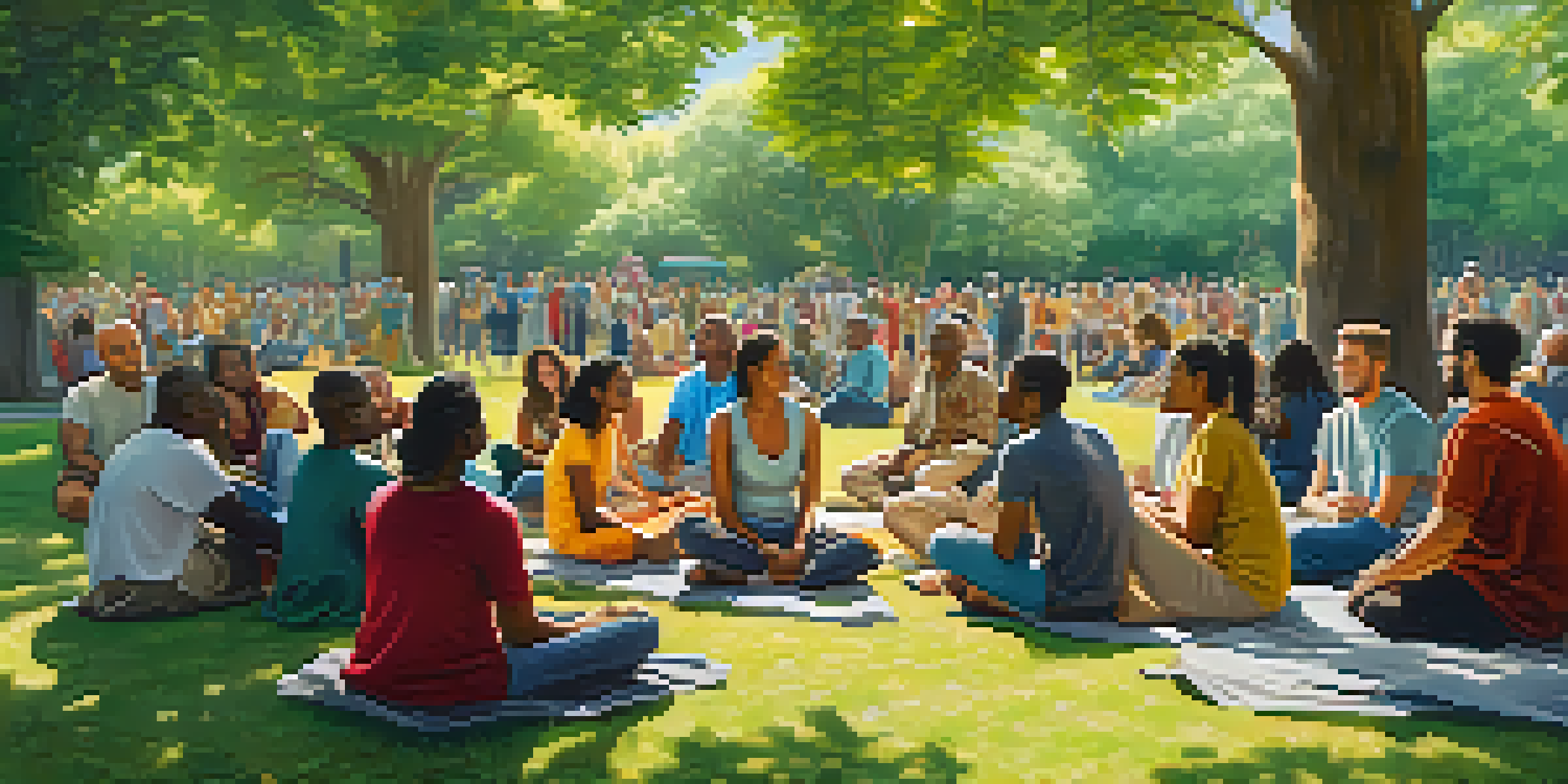 A diverse group of people sitting in a circle in a park, actively listening and sharing thoughts, surrounded by greenery and sunlight.
