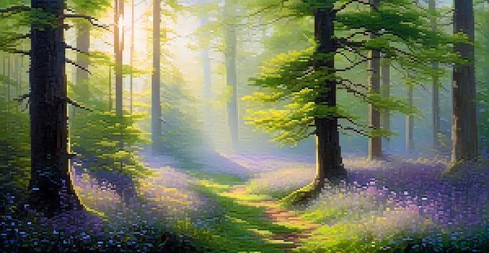 A peaceful forest scene at dawn, with sunlight peeking through trees and illuminating a misty clearing filled with wildflowers.