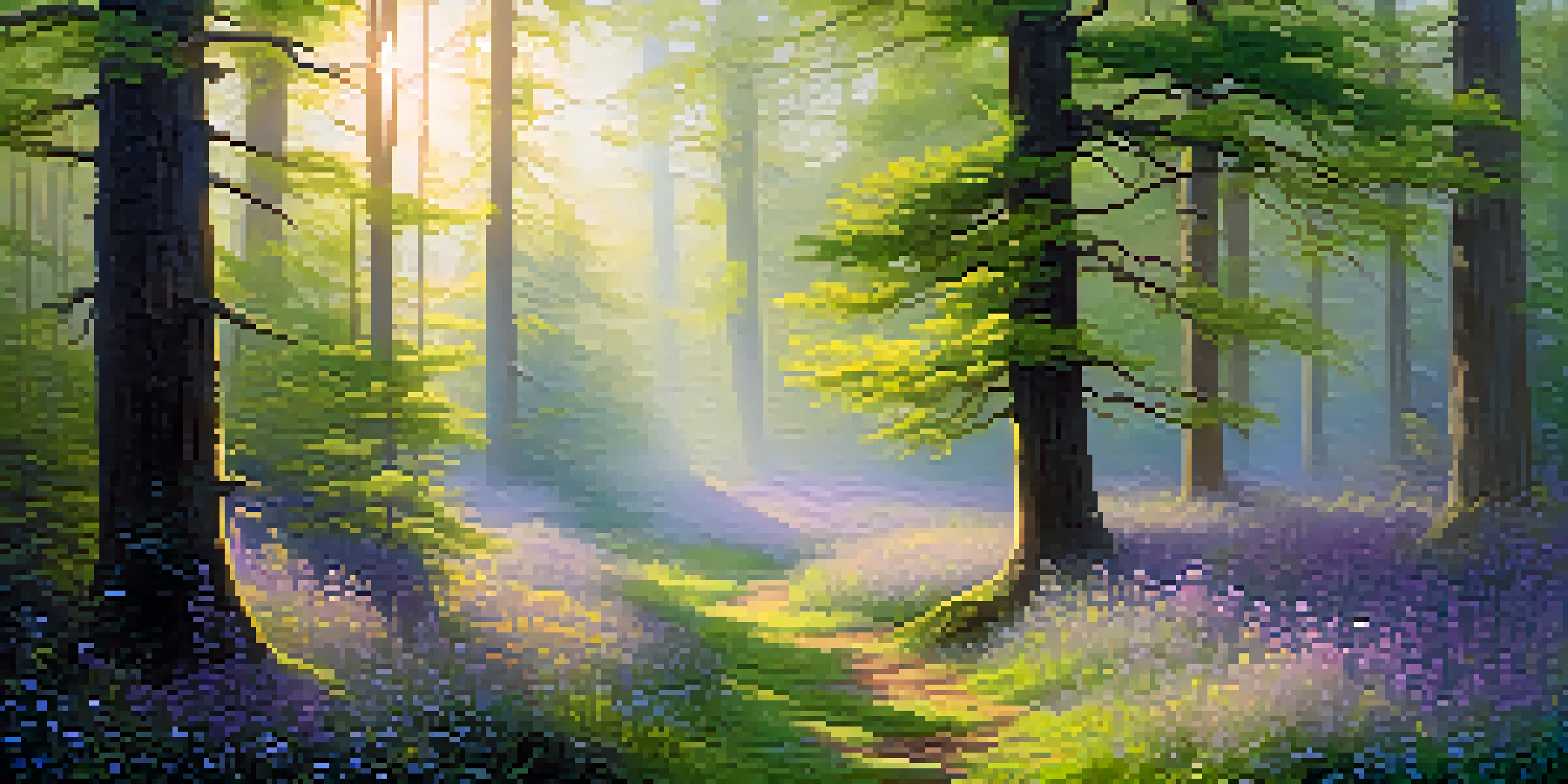 A peaceful forest scene at dawn, with sunlight peeking through trees and illuminating a misty clearing filled with wildflowers.