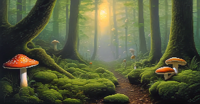 A tranquil forest clearing at dawn with sunlight filtering through leaves, showcasing vibrant psilocybin mushrooms on lush moss.