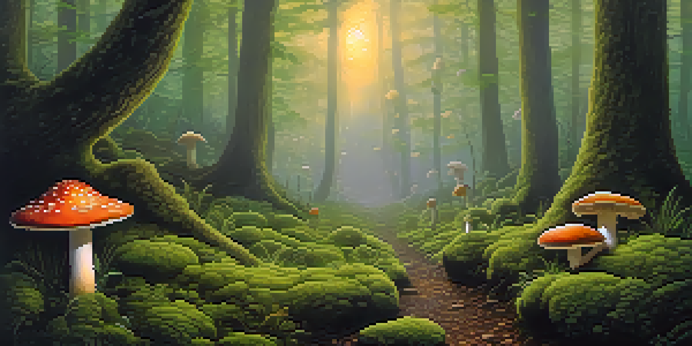 A tranquil forest clearing at dawn with sunlight filtering through leaves, showcasing vibrant psilocybin mushrooms on lush moss.