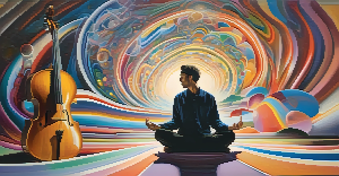 An abstract representation of a musician meditating, surrounded by colorful sound waves and musical instruments in a softly lit room.