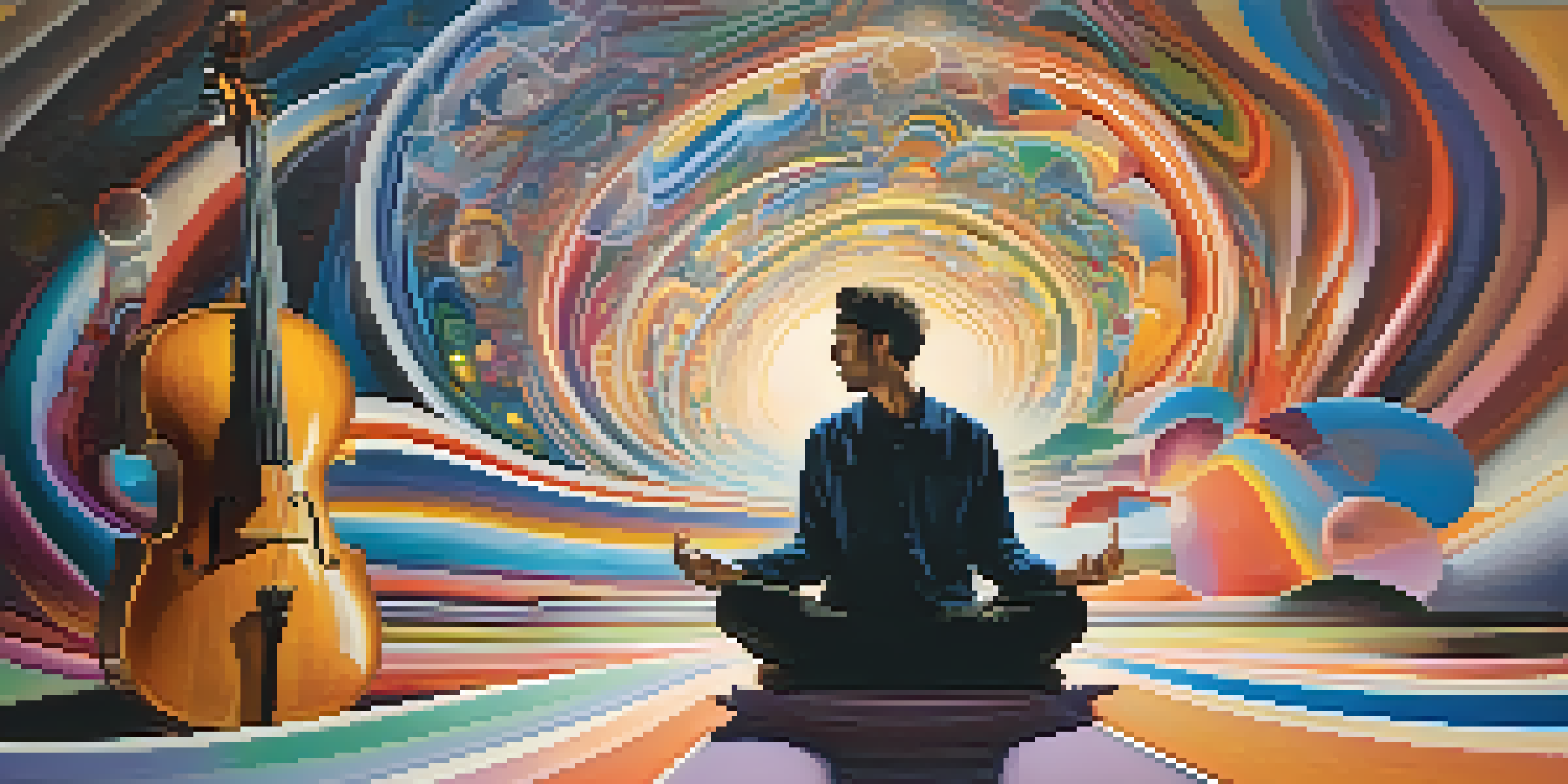 An abstract representation of a musician meditating, surrounded by colorful sound waves and musical instruments in a softly lit room.