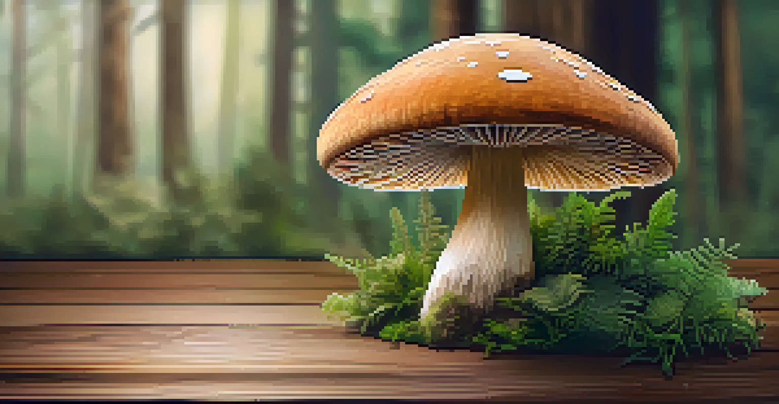 A detailed close-up of a psilocybin mushroom on a wooden table with a blurred background.