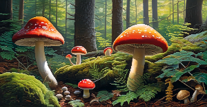A tranquil forest filled with colorful mushrooms and plants, illuminated by soft sunlight filtering through the leaves.