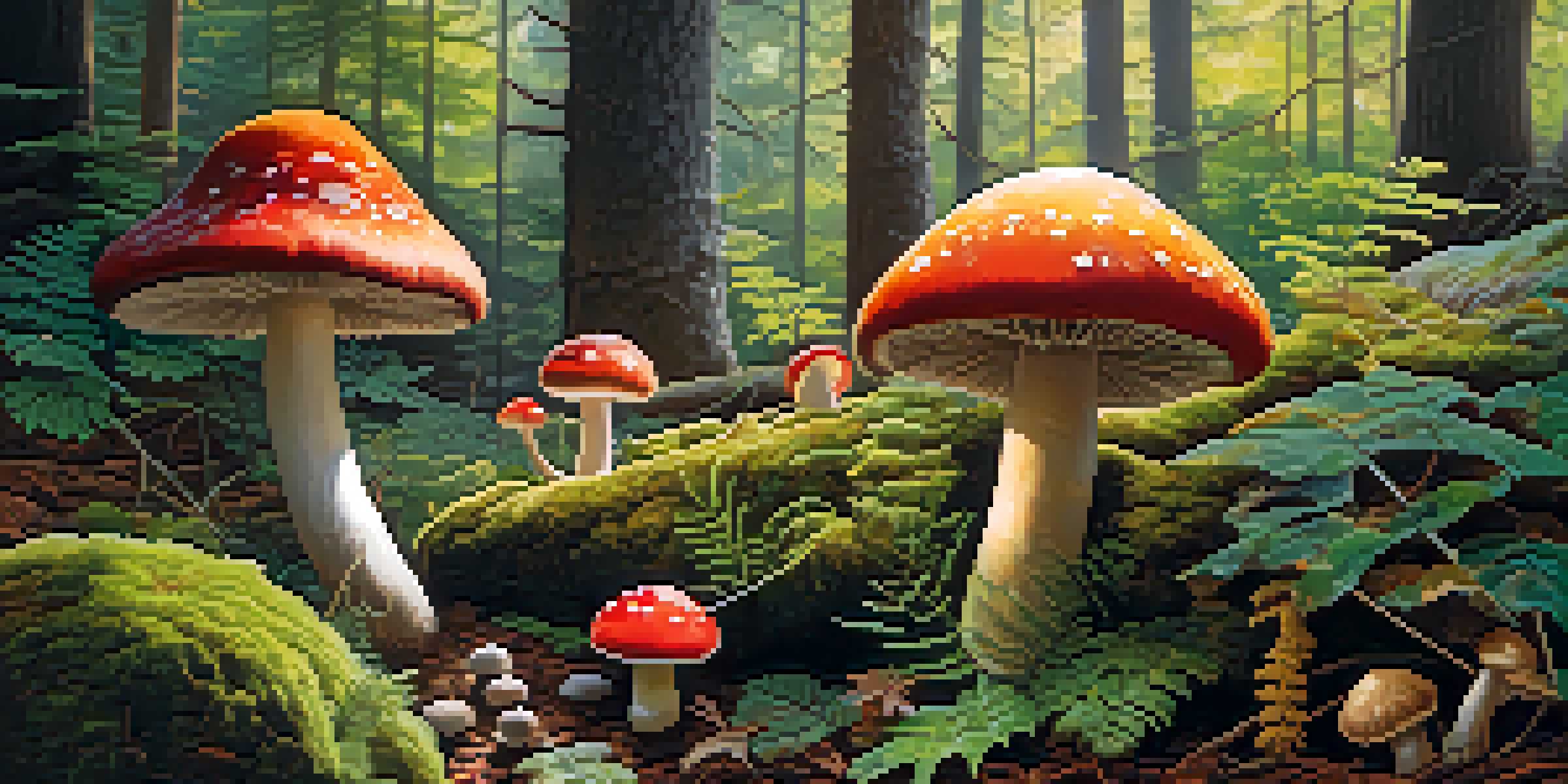 A tranquil forest filled with colorful mushrooms and plants, illuminated by soft sunlight filtering through the leaves.