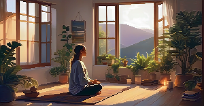 A peaceful meditation room with a person meditating amidst plants and warm lighting.