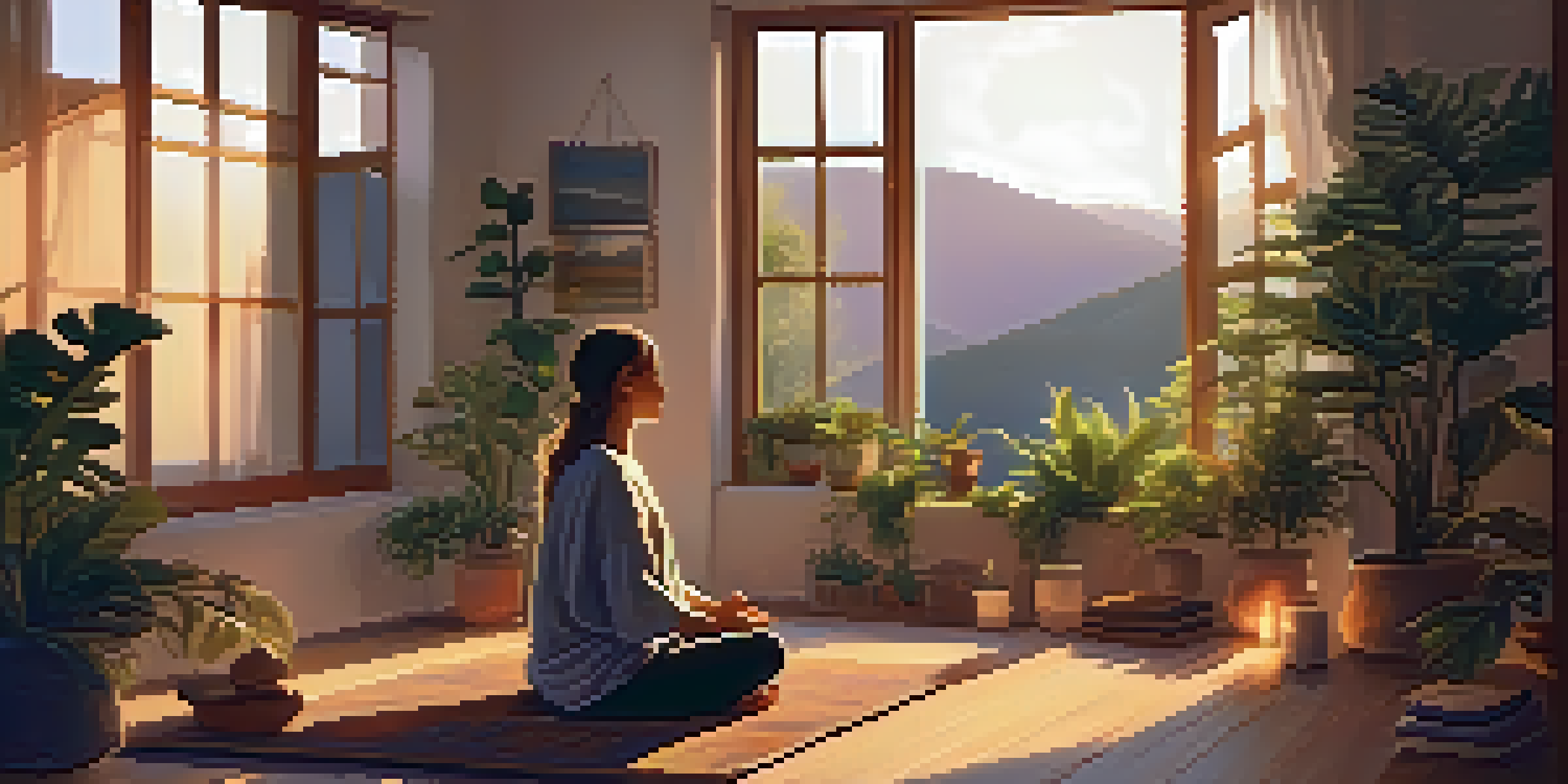 A peaceful meditation room with a person meditating amidst plants and warm lighting.