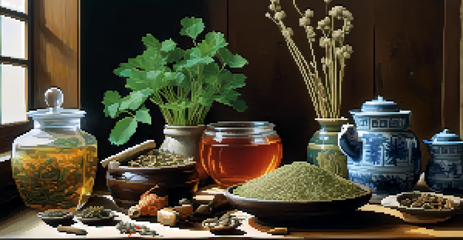 A still life of traditional Chinese herbs including ginseng and mushrooms on a wooden table.