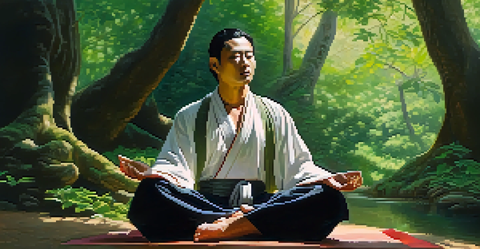 A Taoist practitioner meditating in a green forest with sunlight filtering through the trees.