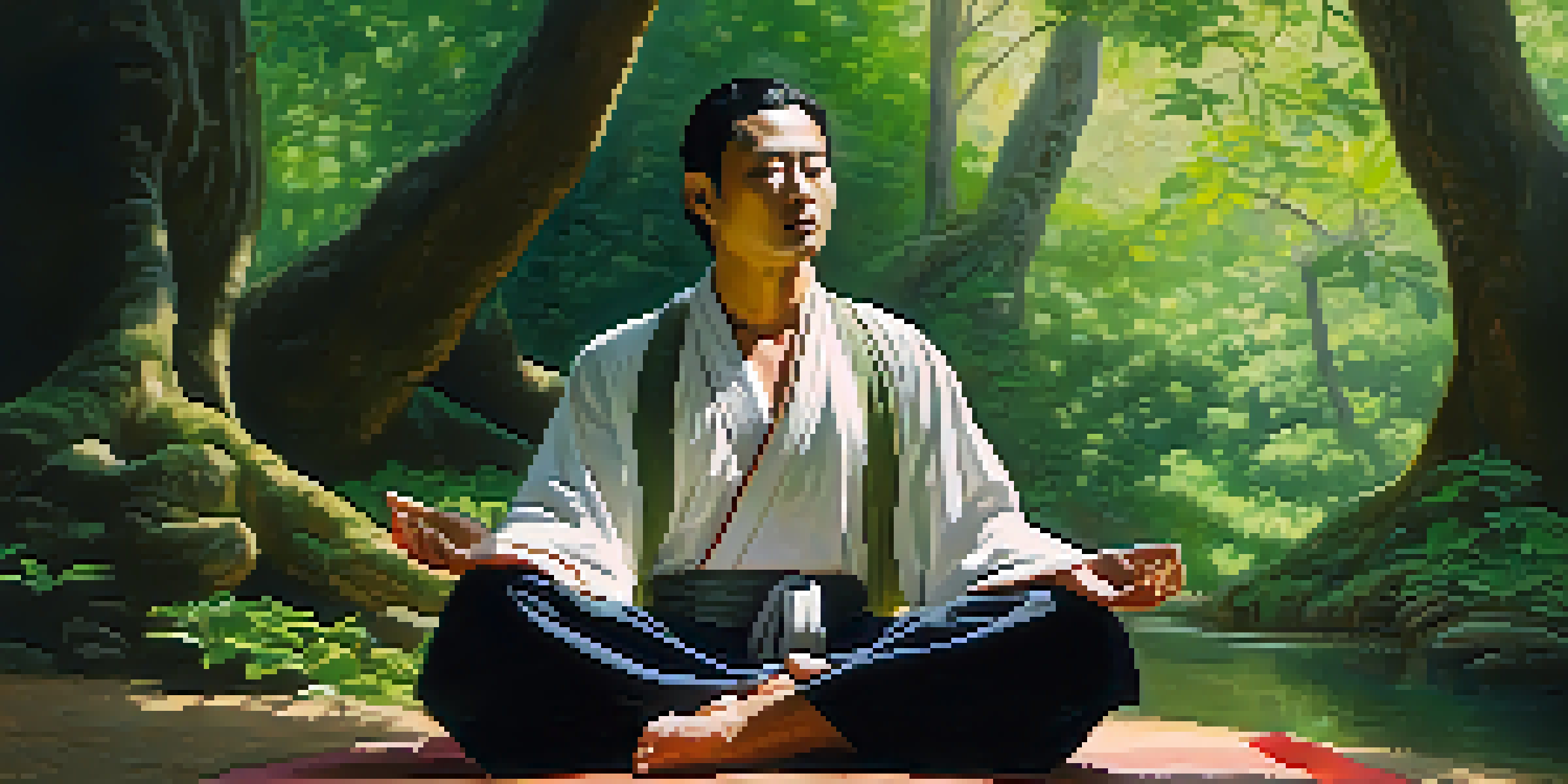 A Taoist practitioner meditating in a green forest with sunlight filtering through the trees.